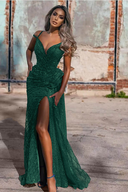 Royal Blue Off-The-Shoulder Evening Dress Split Mermaid Sequins