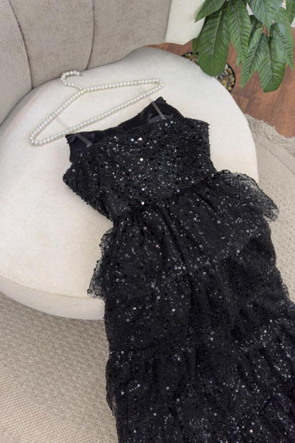 Stunning Black Sequins Sleeveless Strapless Split Long Prom Dress with Ruffles