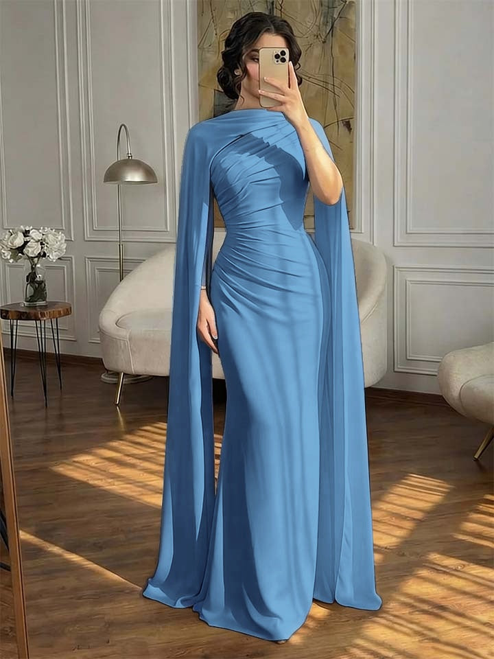 Fashionable Dark Navy Asymmetric Sleeveless Pleated Prom Dress With Scarf
