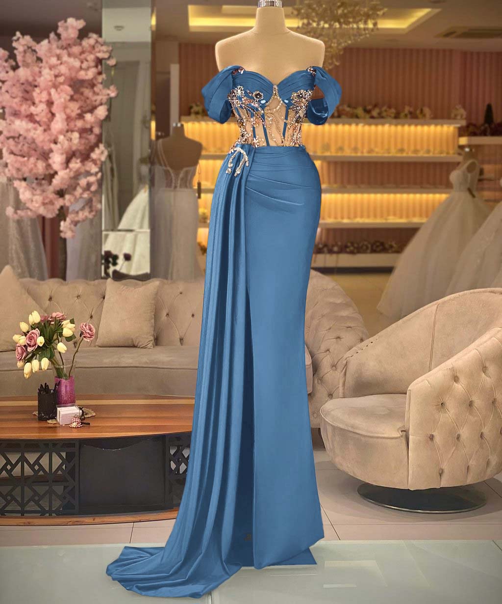 Elegant Off-the-shoulder Royal Blue Beaded Sleeveless Prom Dress with Split