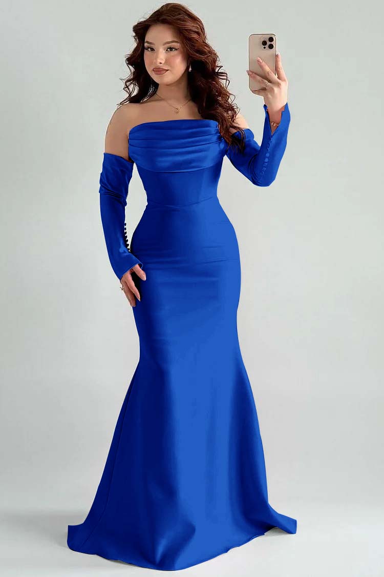 Square Strapless Mermaid Long Sleeves Prom Dress With Pleated