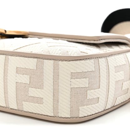 Canvas Vitello King FF Embroidered Baguette Grezzo White Nuvola