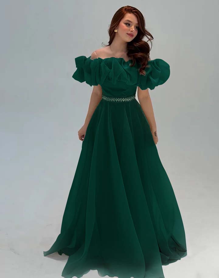 Fashionable Off-The-Shoulder Rhinestone A-Line Tulle Evening Dress