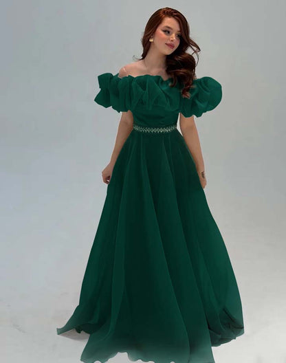 Fashionable Off-The-Shoulder Rhinestone A-Line Tulle Evening Dress