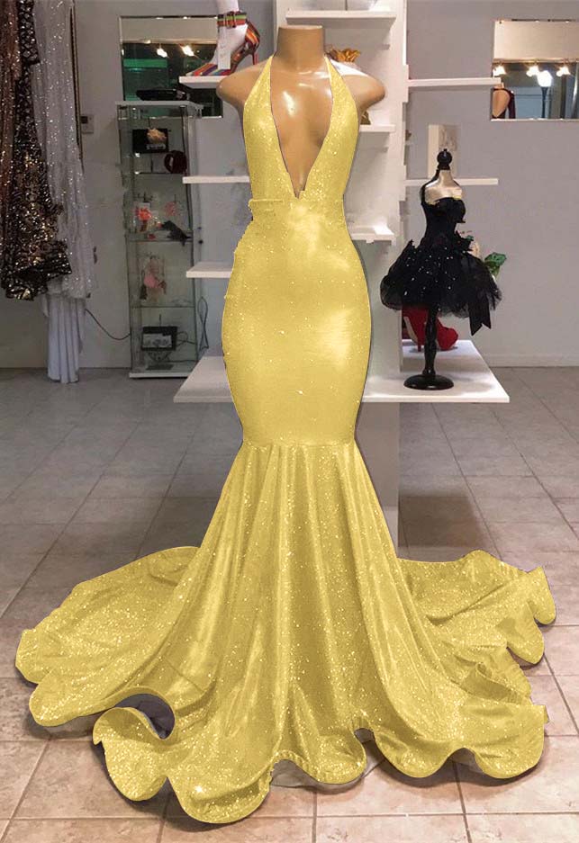 V-Neck Mermaid Evening Dress Halter With Sequins