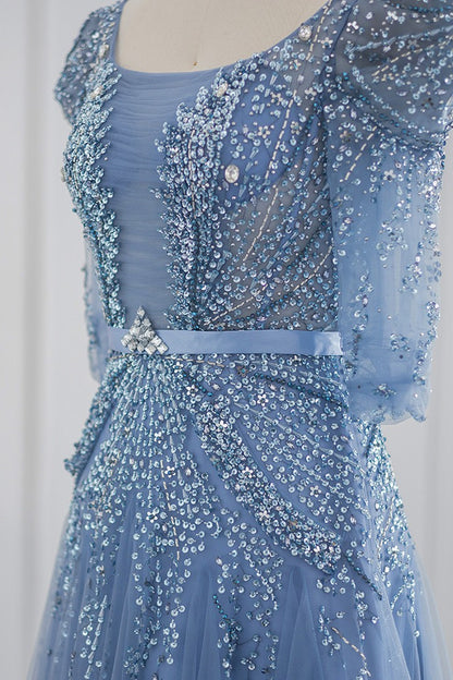 Blue Square Collar A Line Tulle Evening Dress Floor Length With Appliques