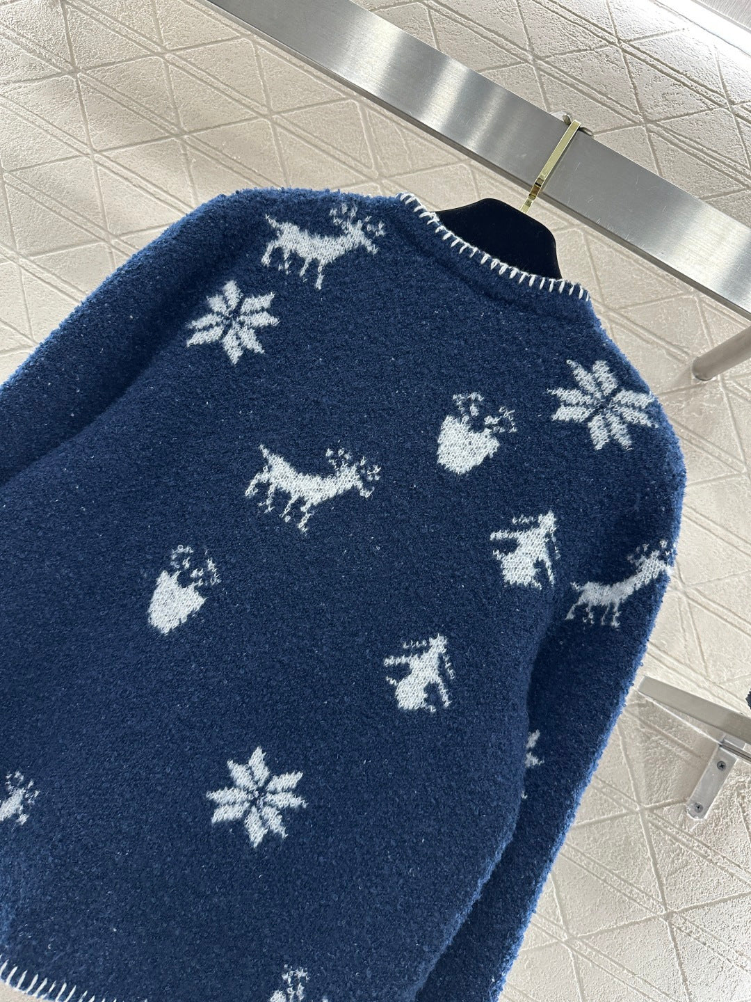 Chanel 26 Jacquard Knit Cardigan Blue in Wool Yarn 801433
