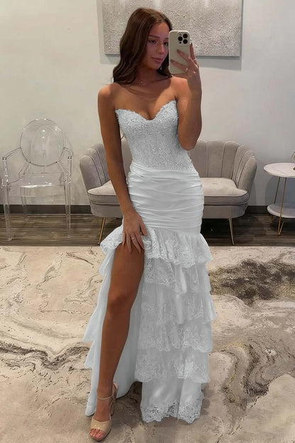 Sleeveless Strapless Long Split Evening Dress With Sequins Pleated