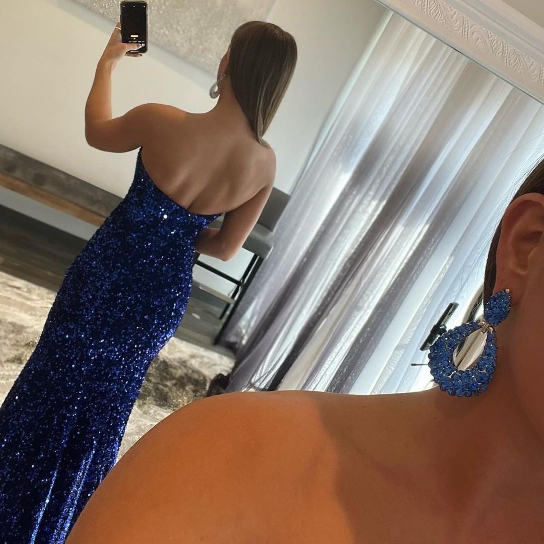 Royal Blue Split Strapless Mermaid Prom Dress With Sequins