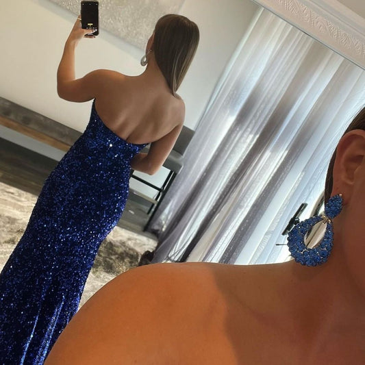 Royal Blue Split Strapless Mermaid Prom Dress With Sequins