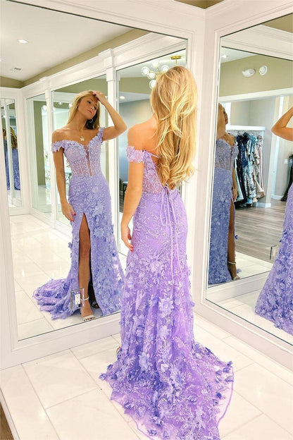Exquisite Purple Applique Off the Shoulder Strapless Prom Dress with Split