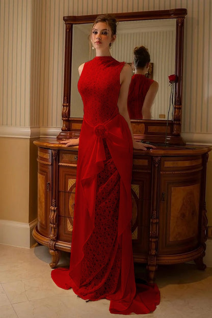 High Neck Sleeveless Mermaid Evening Dress With Lace Embroidery