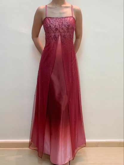 Pretty Spaghetti Straps Ombre Hot Pink Satin Beaded A Line Long Evening Dress Birthday Party Dress D1534