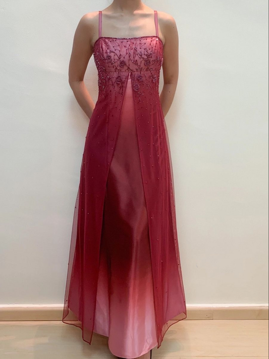 Pretty Spaghetti Straps Ombre Hot Pink Satin Beaded A Line Long Evening Dress Birthday Party Dress D1534