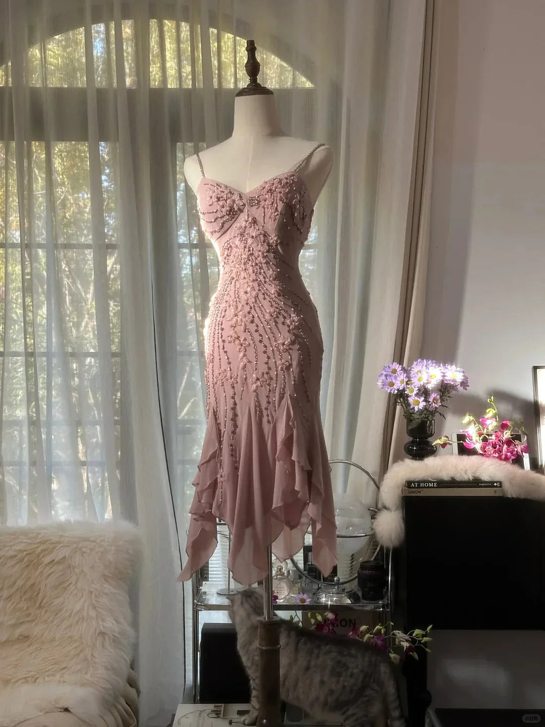 Cute Mermaid Spaghetti Strap Beaded Ruffle Pink Chiffon Short Homecoming Dress Birthday Dress SH2883