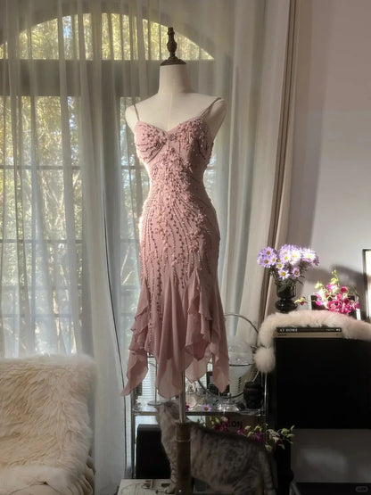Cute Mermaid Spaghetti Strap Beaded Ruffle Pink Chiffon Short Homecoming Dress Birthday Dress SH2883