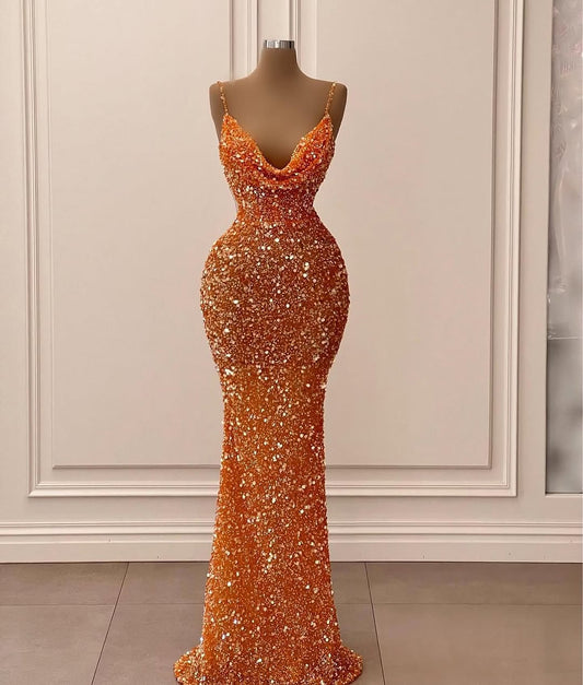 Sleeveless Spaghetti Straps Square Sequins Prom Dress