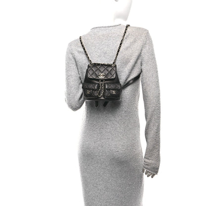 Shiny Caviar Quilted Small Duma Pockets Drawstring Backpack Black
