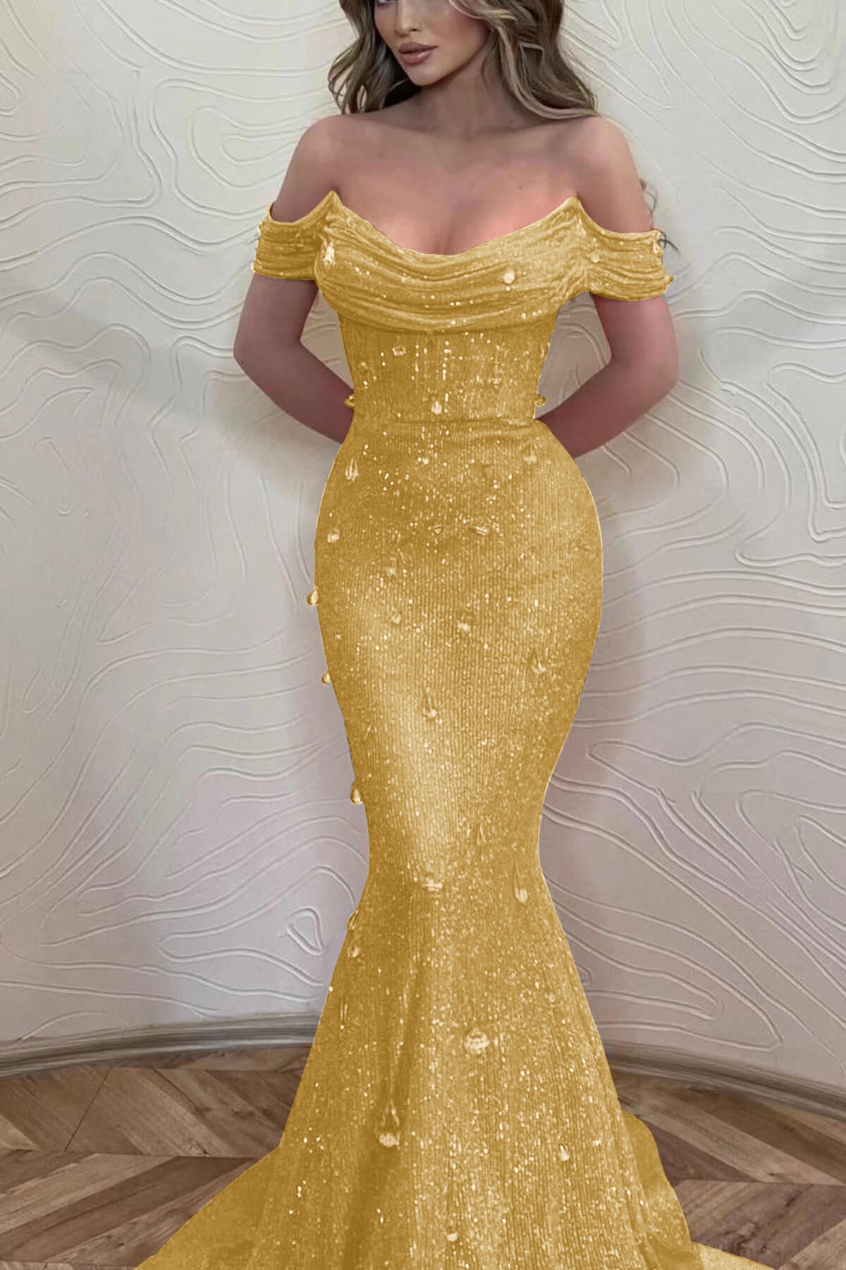Orange Off-The-Shoulder Prom Dress With Sequins Mermaid