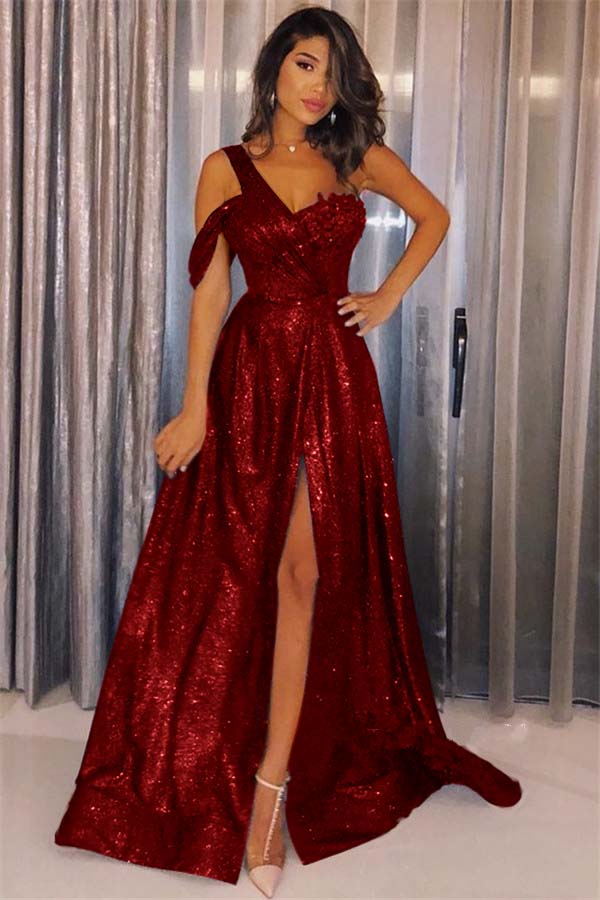 Dark Navy Sequins Glamorous One Shoulder Prom Dress