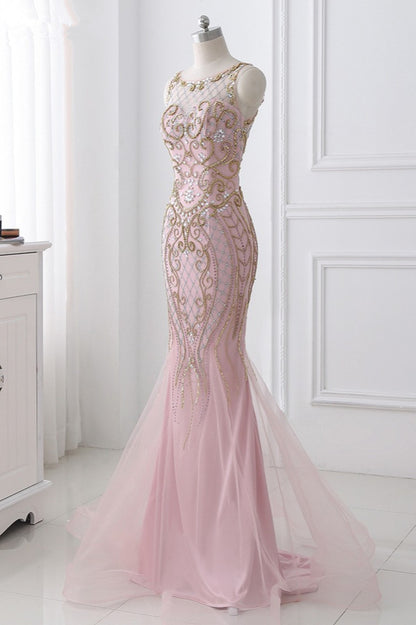Pink Jewel Sleeveless Prom Dress Mermaid with Beadings Rhinestone
