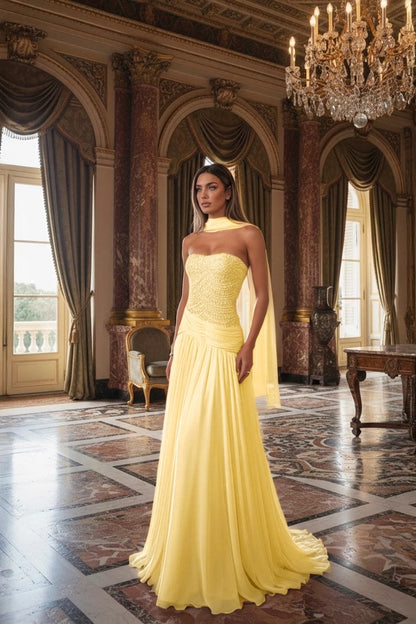 Strapless Beadings Sleeveless Square Prom Dress With Scarf