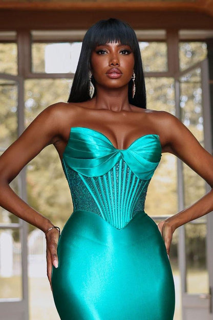 Amazing Jade Satin Sleeveless Sweetheart Long Mermaid Prom Dress with Sequins