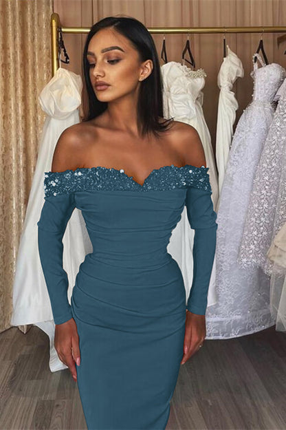 Chic Orange Off-The-Shoulder Long Sleeves Strapless Mermaid Prom Dress With Sequins