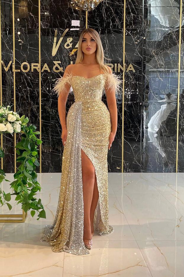 Sequins Off-the-Shoulder Mermaid Prom Dress Split With Ruffles
