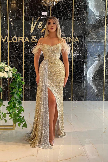 Sequins Off-the-Shoulder Mermaid Prom Dress Split With Ruffles