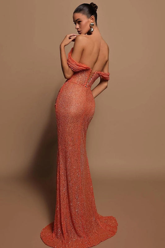 Glamorous Sequins Off the Shoulder Sleeveless Pleated Long Prom Dress with Split