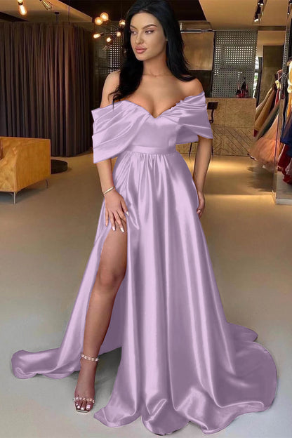 Red A Line Off The Shoulder Prom Dress Split