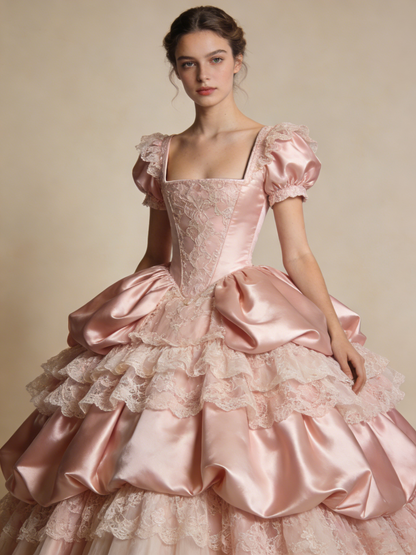 Elegant Ball Gown Light Pink Square Neck Pleated Prom Dresses 17th Dress Evening Gala Gown      D4841