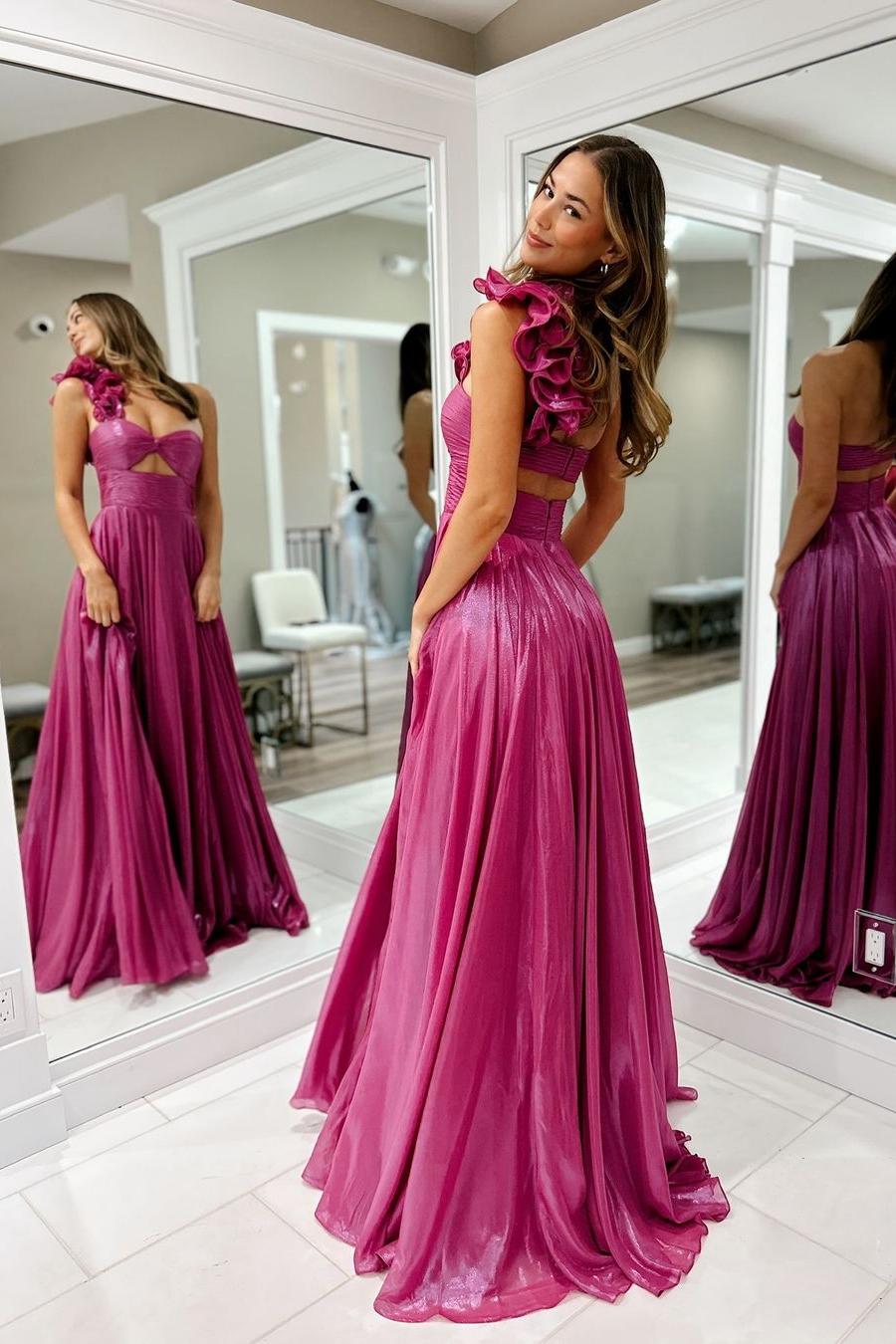 Charming Fuchsia Sleeveless One Shoulder Long Pleated Prom Dress with Split