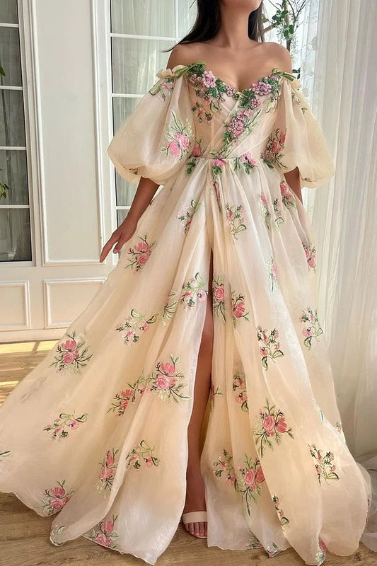 Elegant Off-The-Shoulder Floral Embroidered Split Evening Dress With Puff Sleeves