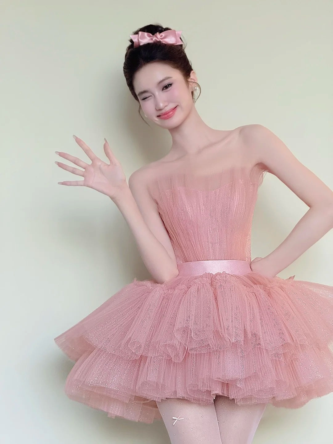 Cute Homecoming Dress Pink Strapless Tulle Pleated Short Back to School Prom Dress Birthday Outfits  D4850