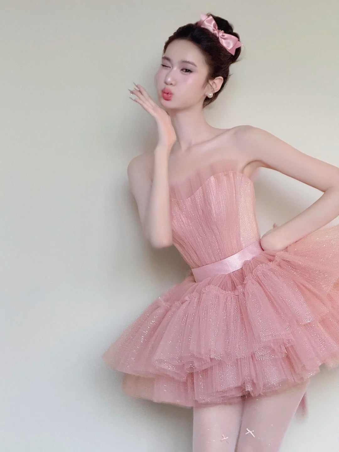 Cute Homecoming Dress Pink Strapless Tulle Pleated Short Back to School Prom Dress Birthday Outfits  D4850