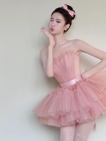 Cute Homecoming Dress Pink Strapless Tulle Pleated Short Back to School Prom Dress Birthday Outfits  D4850