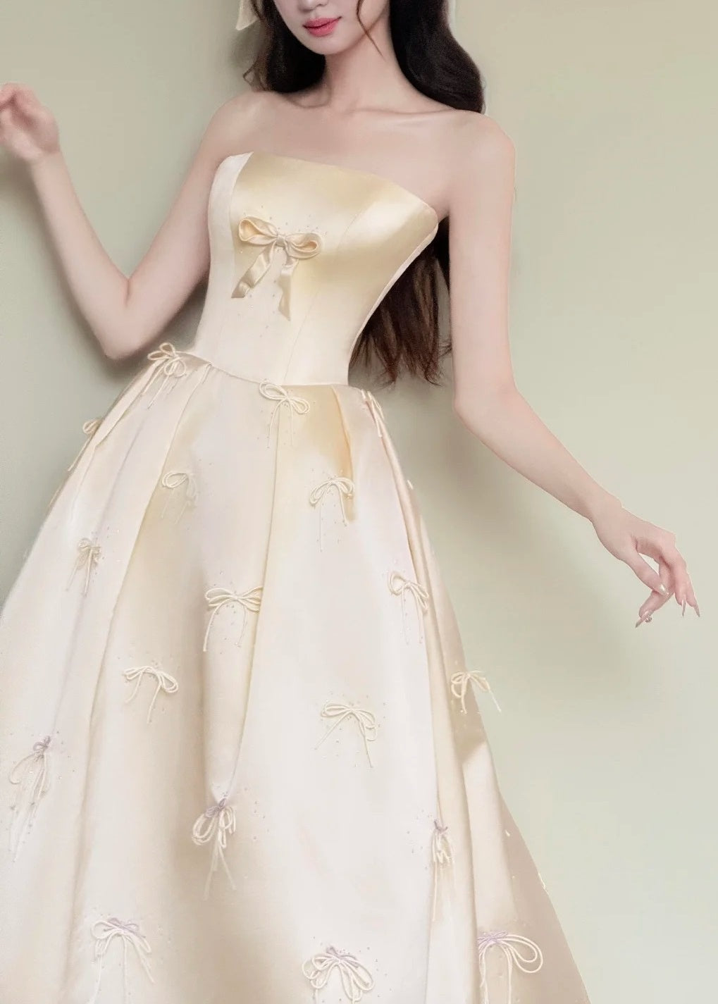 Chic Prom Dress Light Yellow Strapless Gala Dress Evening Gown Birthday Party Outfits    D4851