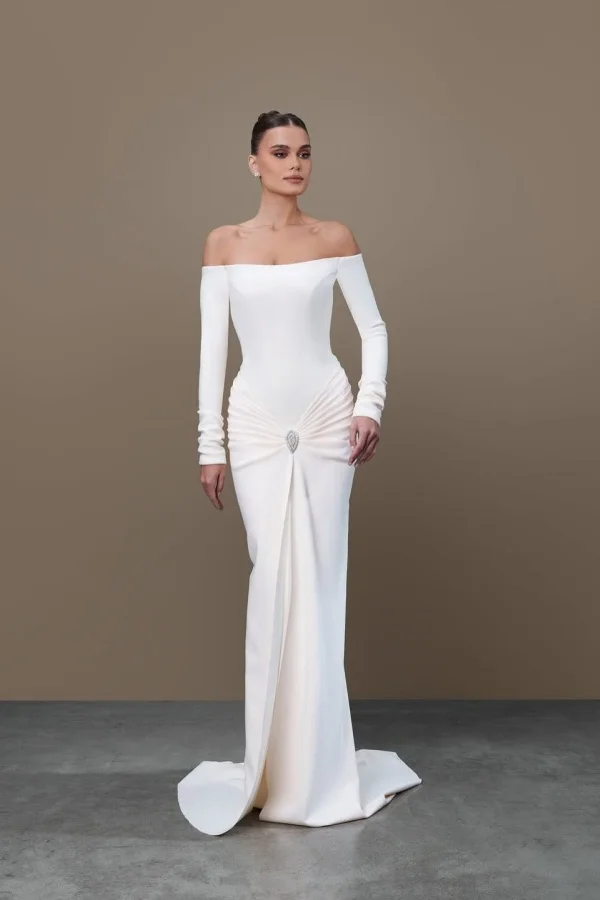 White Long Sleeves Square Strapless Mermaid Prom Dress