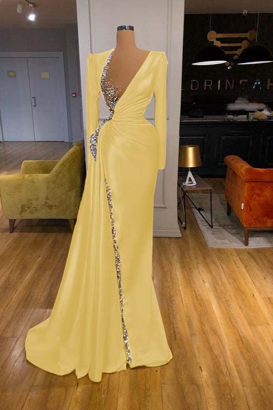 Long Sleeves Yellow Prom Dress With Beads Sequins