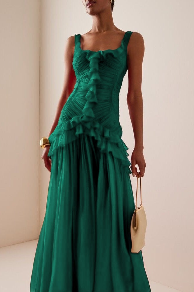 Elegant Ruffled Red Sleeveless Square Long Prom Dress With Pleated