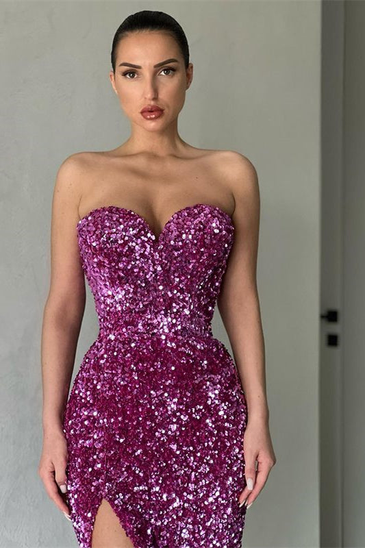 Sweetheart Sequins Purple Mermaid Evening Dress With Slit