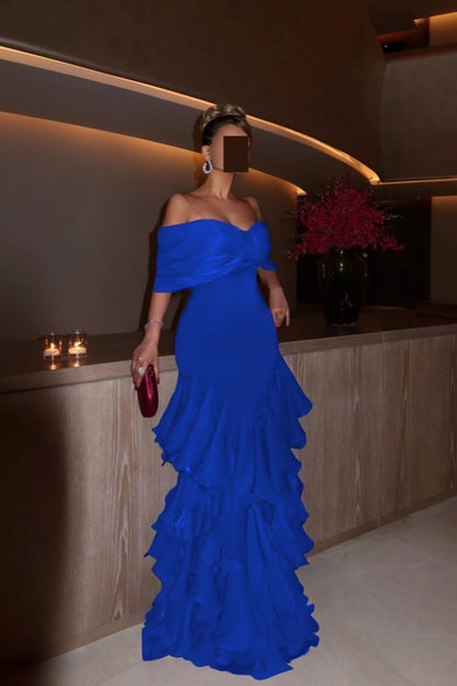Glamorous Orchid Off the Shoulder Ruffles Evening Dress with Pleated