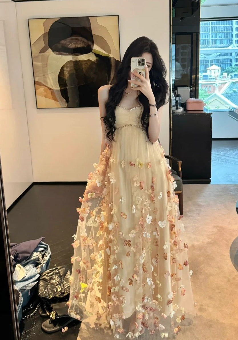 Charming Prom Dress Spaghetti Straps Pleated Tulle Floral Gala Evening Gown Dress Birthday Party Outfits    D4880