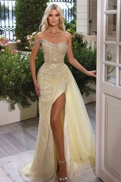 Yellow Sleeveless Strapless Mermaid Beads Prom Dress