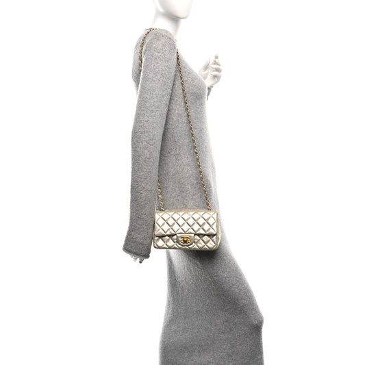 Metallic Lambskin Quilted Mini Rectangular Flap Gold