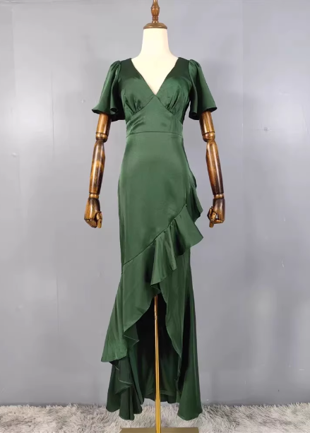 Elegant Dark Green Ruffled V-neck Asymmetrical Hem Satin Prom Dress Evening Dress P4489