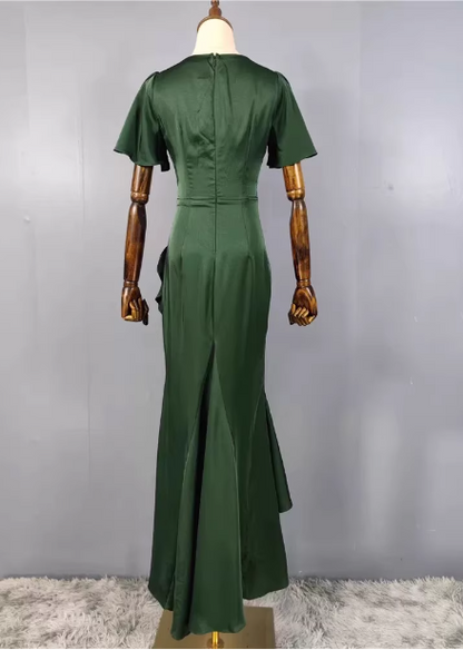Elegant Dark Green Ruffled V-neck Asymmetrical Hem Satin Prom Dress Evening Dress P4489