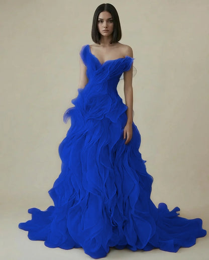 Dreamy Sky Blue V-Neck Pleated Ruffles Long Evening Dress